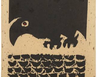 2211 Iwao Akiyama (1921-2014) "To the Sea," 1971 Woodcut on handmade tan Japanese paper laid to tissue paper Edition: 5/100 Signed, titled in Japanese, dated, and numbered, all in pencil in the lower margin: Iwao Akiyama / 1971; with the artist's red ink seal in the lower margin, at right Image: 20.5" H x 15" W; Sheet: 23.5" H x 18" W Estimate: $200 - $300