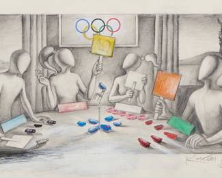 2309 Mark Kostabi (b. 1960) "Hexes Only," 2011-2021 Graphite, pastel, and collage on paper Signed and dated in pencil lower right: Kostabi 2011-2021; signed again in ink and titled on the artist's certificate of authenticity affixed to the frame's backing board Sight: 9.5" H x 15" W Estimate: $400 - $600