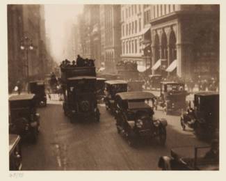 2331 Karl Struss (1886-1981) "Mercedes Autobus, Fifth Avenue and 38th Street, New York," from "Karl Struss: A Portfolio," 1909-1929 Platinum print on paper hinged to an embossed board mount, as issued Edition: 65/75 (there were also 15 artist's proofs), printed 1979 Signed in pencil on the verso: Karl Struss; numbered in pencil in another hand on the mount, directly below the image, at left; Phil Davis, prtr.; Photofolio of Ann Arbor, MI, pub. Image/Sheet: 3.625" H x 4.5" W; Board Mount: 12" H x 9" W Estimate: $200 - $300