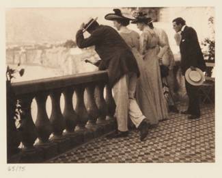2341 Karl Struss (1886-1981) "The Balcony, Sorrento," 1909, from "Karl Struss: A Portfolio," 1909-1929 Platinum print on paper hinged to an embossed board mount, as issued Edition: 65/75 (there were also 15 artist's proofs), printed 1979 Signed in pencil on the verso: Karl Struss; numbered in pencil in another hand on the mount, directly below the image, at left; Phil Davis, prtr.; Photofolio of Ann Arbor, MI, pub. Image/Sheet: 2.875" H x 3.75" W; Board Mount: 12" H x 9" W Estimate: $200 - $300