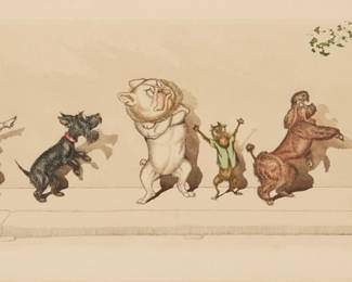 2199 Boris O'Klein (1893-1985) "Ilya L'Etourdie" (Ilya the scatterbrain), from the "Dirty Dogs of Paris" series Etching in brown and black with hand-coloring on wove paper From the edition of unknown size and date Signed and titled in pencil in the lower margin, possibly by the artist's grandson: O' Klein Plate: 6.5" H x 17.5" W; Sight: 8.25" H x 19.625" W Estimate: $200 - $300