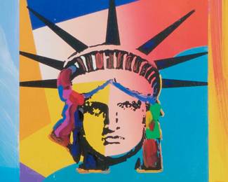 2287 Peter Max (b. 1937) "Liberty Head XVI (Mini)" Lithograph in colors on paper Edition: 677/700 (there were also 50 hors commerce, 50 museum proofs, 100 artist's proofs, and 50 printer's proofs) Signed lower right and left corners, respectively: Max; Peter Max Atelier, New York, pub. Image/Sheet: 7" H x 6.875" W Estimate: $500 - $700