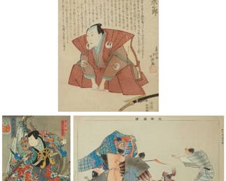 2208 Three Japanese Kabuki woodcuts Three works: Shunkosai Hokushu (Shunko IV) (act. 1802-1832) Kabuki Actor, 1830 Woodcut in colors on paper From the edition of unknown size and date With a red chop mark lower right and various printed signatures, seals, and/or inscriptions in Japanese characters in the block Sight: 13.75" H x 9.75" W Yoshitaki Utagawa (1841-1899) Osaka Kabuki actor, circa early 20th Century Woodcut in colors on paper From the edition of unknown size and date With various printed signatures, seals, and/or inscriptions in Japanese characters in the block Sight: 9.5" H x 6.5" W Tsukioka Kogyo (1869 - 1927) "Yumiya Taro" from "Pictures of Noh Plays (Nogaku zue)," circa 1897-1902 Woodcut in colors on paper From the edition of unknown size and date With various printed signatures, seals, and/or inscriptions in Japanese characters in the margins of the block Sight: 9.5" H x 14" W Estimate: $200 - $300