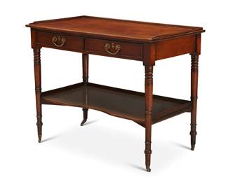 2078 An English mahogany server 19th century With a rectangular galleried top over an apron fitted with two locking drawers, each interior with later moiré lining, raised on turned wood legs joined by a shelf stretcher, on casters 29" H x 37" W x 21.5" D Estimate: $200 - $300