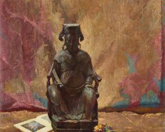 2165 Stanley Laurence Reckless (1892-1955) "Meditation" Oil on canvas Signed lower right: S.L. Reckless; titled in ink, in the hand of the artist, on an exhibition label affixed to the stretcher 32" H x 25.75" W Estimate: $3,000 - $5,000