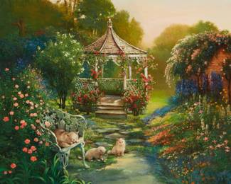 2197 Jennie Tomao (1934-2011) Cats in a garden Oil on board Signed lower right: Tomao 13" H x 15" W Estimate: $150 - $250