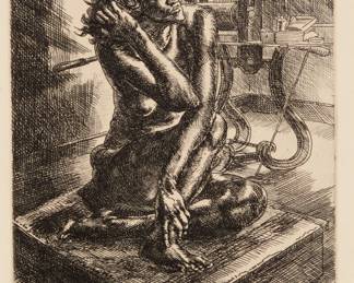 2325 John Sloan (1871-1951) "Crouching Nude and Press," 1931 Etching on wove paper with an indistinct watermark From the planned edition of 100, of which only 75 were printed Signed, titled, and inscribed "100 proofs," all in pencil in the lower margin: John Sloan; also inscribed in pencil by the printer near the lower left margin corner, "Ernest Roth, imp." Plate: 7" H x 5.5" W; Sheet: 12.125" H x 8.5" W Estimate: $500 - $700
