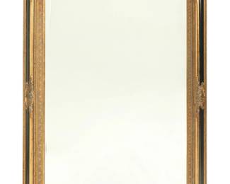 2093 A Baroque style black and gold mirror Late 20th century With label verso: Made in China The rectangular plate within a conforming frame with foliate border and spandrels 38.25" H x 48.25" W x 1.875" D Estimate: $150 - $250