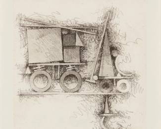 2320 Fletcher Benton (1931-2019) "Truckin Geo," from the "Geo" series, 1991 Etching on paper Edition: 1/40 Signed twice, dated, and numbered in pencil in the lower margin: Fletcher Benton 1991; Experimental Workshop, San Francisco, CA, pub. Plate: 5" H x 4.875" W; Sight: 5.875" H x 5.875" W Estimate: $400 - $600