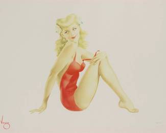 2182 Alberto Vargas (1896-1982) "Sitting Pretty," from the "American Beauties Suite," 1991 Offset lithograph in colors on Opalesque paper Edition: 258/300 With the registered "Varga" signature logo, silkscreened, lower left; numbered in pencil lower right; Blackbox Collotype, Chicago, IL, prntr. Sight: 18" H x 24.75" W Estimate: $300 - $500