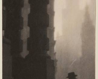 2332 Karl Struss (1886-1981) "Lower Broadway, New York," 1912, from "Karl Struss: A Portfolio," 1909-29 Platinum print on Moriki Japanese tissue paper hinged to an embossed board mount, as issued Edition: 65/75 (there were also 15 artist's proofs), printed in 1979 Signed in pencil on the verso: Karl Struss; numbered in pencil in another hand on the mount, directly below the image, at left; Phil Davis, prtr.; Photofolio of Ann Arbor, MI, pub. Image/Sheet: 4.625" H x 3.5" W; Board Mount: 12" H x 9" W Estimate: $200 - $300