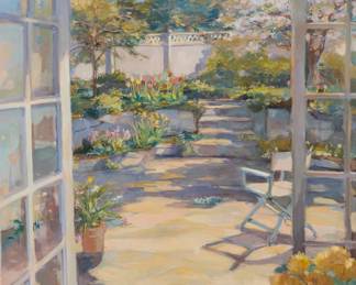 2172 Joan Murphy (20th Century) "Doorway to Garden," 1981 Acrylic on canvas Signed lower right: Joan Murphy ©; signed again, titled, and dated "1981," all verso; signed, titled, and dated again in blue ink on a label affixed to the frame's backing paper 36" H x 30" W Estimate: $300 - $500