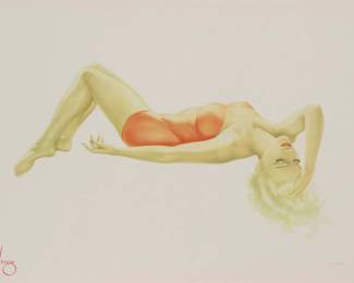 2183 Alberto Vargas (1896-1982) "Daydreaming," from the "American Beauties Suite," 1991 Offset lithograph in colors on Opalesque paper Edition: 248/300 With the registered "Varga" signature logo, silkscreened, lower left; numbered in pencil lower right; Blackbox Collotype, Chicago, IL, prntr. Sight: 18" H x 24.5" W Estimate: $300 - $500