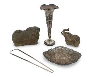 2042 A group of five Chinese articles 19th/20th century Tray with impressed Chinese inscriptions Comprising a dragon tulip vase (7.75" H x 3.375" Dia.), an .800 silver dragon tray (6.875" W x 5.5" D), a pair of sterling silver chopsticks (8.875" L), and two metal animal-form boxes (larger: 3.625" H x 5.375" W x 2.875" D) 5 pieces Total weighable silver: 8.7 oz. troy approximately Estimate: $300 - $500