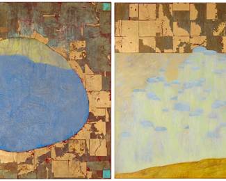 2317 Janis Jakobson (b. 1959) Two works: "Tattooed Stone," 1999 Acrylic, gold leaf, and copper leaf on canvas Signed, titled, and dated verso: Janis Jakobson / 1999 36" H x 36" W "Rain Stone," 1999 Acrylic, gold leaf, and brass leaf on canvas Signed, titled, and dated verso: Janis Jakobson / 1999 36" H x 36" W 2 pieces Estimate: $200 - $300