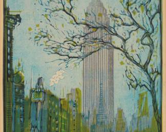 2328 Leon Dolice (1892-1960) "Empire State Building," circa 1935 Woodcut in colors on paper Signed and titled in the lower margin: Dolice Image: 11.125" H x 8.125" W; Sight: 11.75" H x 8.5" W Estimate: $500 - $700