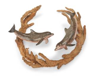 2069 Robert Wyland (b. 1956) "Minds in the Water," 1999 Cold-painted bronze, wall-mounted Edition: 40/2000 Signed, dated, and numbered in the casting: © Wyland 16.5" H x 17.75" W x 7.375" D Estimate: $800 - $1,200