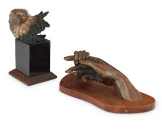 2110 Two American bronze sculptures Two works: Mike Curtis (20th century) Bald eagle, 1984 Polished and cold-painted bronze on stone and wood plinth Edition: 28/100 Signed, dated, and numbered in the casting: MIKE CURTIS © Overall: 8.625" H x 6" W x 4.5" D; Bronze: 3.75" H 20th Century American School "Mother" Patinated bronze on wood base Edition: 2/30 Incised signature and edition: Millard; titled to applied metal plaque 5" H x 11.5" W x 7.25" D 2 pieces Estimate: $200 - $300