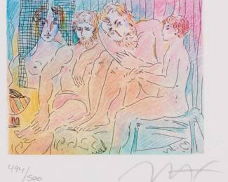 2289 Peter Max (b. 1937) "Homage to Picasso, Vol III #IX, (Mini)" Lithograph in colors on paper Edition: 494/500 (there was an additional 250 impressions comprised of hors commerce, artist's, printer's, and museum proofs) Signed and numbered in pencil in the lower margin: MAX; titled from a "print certification" sheet taped to the frame's backing board; with the artist's copyright blindstamp in the lower right margin corner Image: 2.5" H x 3.125" W; Sheet: 4" H x 5.125" W Estimate: $400 - $600