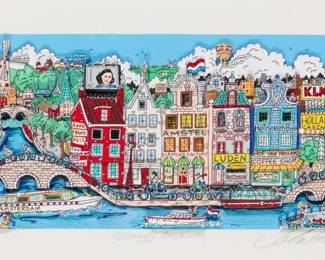 2284 Charles Fazzino (b. 1955) "Alluringly Amsterdam" Screenprint in colors with mixed media hand embellishments on 3-D white museum board construction Edition: 364/400 DX Signed and numbered in pencil, and titled in light blue ink, all in the lower margin: Charles Fazzino; Museum Editions, Ltd., New Rochelle, NY, pub. Image: 6.75" H x 16.25" W; Sight: 9" H x 18" W Estimate: $500 - $700