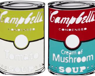 2302 Steve Kaufman (1960-2010) Untitled, Campbell's Soup (Tomato and Cream of Mushroom) Each: Laser cut steel and paint Each: Initialed in blue marker, verso: SK; 2 pieces Each: 20" H x 12.5" W Estimate: $100 - $200