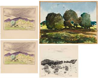 2142 Arthur Earl Haddock (1895-1980) A group of four works, including two colored pencil and graphite sketches of mountainous views, one graphite and charcoal drawing of a vast landscape, and one watercolor depicting three aligned trees within a landscape, each on paper, all signed in ink either in the lower corners or on the verso 4 pieces Sheet of Smallest (one of the colored pencil and graphite works): 5.375" H x 6" W; Sheet of Largest (the watercolor): 7.5" H x 10.25" W Estimate: $500 - $700