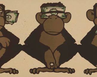 2255 Mau Mau (21st Century) Three Monkeys Lithograph in colors on recycled card stock paper With the printed signature in the image: Mau Mau Image: 11" H x 25.5" W; Sight: 12" H x 31.75" W Estimate: $300 - $500
