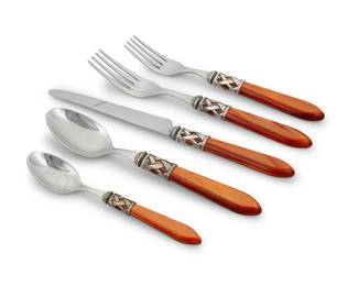 2021 A Bugatti for Vietri 'Aladdin Lattice' flatware service Early 21st century Each with factory marks and: 18/10 Each stainless steel and acrylic, comprising: 8 dinner knives (9.5") 8 dinner forks (8.75") 8 salad forks (8") 8 tablespoons (8.125") 6 teaspoons (6.5") 38 pieces Estimate: $300 - $500