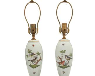 2087 A pair of Herend porcelain 'Rothschild Bird' table lamps Mid/late 20th century Each with printed factory mark 2 pieces Each without harp: 14.75" H x 6.125" Dia. Estimate: $300 - $500