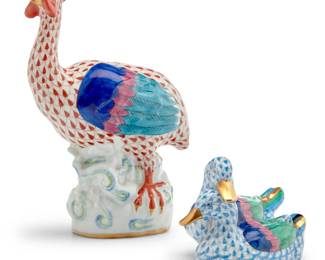 2026 Two Herend porcelain bird groups Late 20th/early 21st century Each with blue printed factory marks; variously incised for RO Comprising a 'rust fishnet' model of a guinea fowl, 5010 (8" H x 5.125" W x 2.875" D), and a 'blue fishnet' group of two ducks, 5036 (2.875" H x 4.25" W x 3.125" D) 2 pieces Estimate: $200 - $300