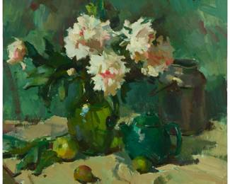 2164 Sergei Bongart (1918-1985) Floral still life in green Oil on canvas Signed upper right: Sergei Bongart 30" H x 32" W Estimate: $800 - $1,200