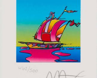 2288 Peter Max (b. 1937) "Cosmic Sailboat" Lithograph in colors on paper Edition: 462/500 (there are also 100 artist's proofs) Signed and numbered in pencil in the lower margin: Max; with the artist's blindstamp in the lower margin, at right 3.5" H x 3" W Estimate: $300 - $500