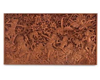 2054 A Southeast Asian carved teakwood panel 20th century Incised verso: [indecipherable] / HOTEL MUTIARA / UBUD BALI Thai or Indonesian, depicting a scene from the Hindu epic the Ramayana 24.25" H x 44.5" W x 1.5" D Estimate: $300 - $500