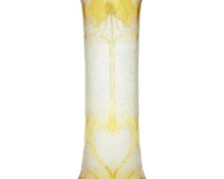 2116 A Honesdale Art Nouveau cameo glass vase Each 20th century With factory gilt mark to underside With yellow acid cut to white glass depicting floral motifs, with gilt overpainted accents 16" H x 6.375" Dia. Estimate: $300 - $500