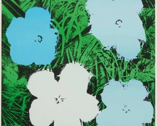 2299 After Andy Warhol (1928-1987) Flowers (Blue), 1964 Offset lithograph in colors on paper From the edition of unknown size and date; printed later Appears unsigned; Nouvelles Images Éditeurs, Lombreuil, France, prntr. and pub. Sight of Image: 24"H x 24.5" W; Sight of Sheet: 25.75" H x 26.75" W Estimate: $300 - $500