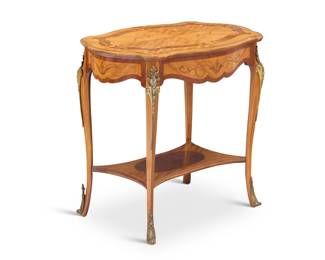 2076 A Louis XV style marquetry side table 20th century With brass mounts and an undertier 22.5" H x 24.25" W x 15.5" D Estimate: $300 - $500