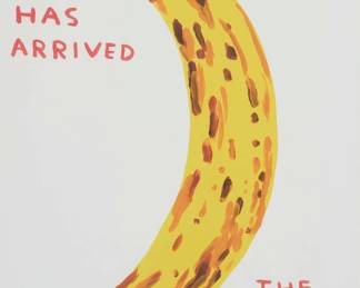 2254 David Shrigley (b. 1968) "The Moment Has Arrived - The Banana is Ripe," 2021 Offset lithograph in colors on paper From the edition of unknown size Unsigned; Narayana Press, Odder, Denmark, prntr. Sight: 29" H x 21" W Estimate: $200 - $300