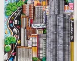 2285 Charles Fazzino (b. 1955) "A Deep Dish Pie…in Chi-Town," 2011 Screenprint in colors with glitter on 3-D white museum board construction Edition: 49/150 (a double-layered construction; there were also 150 from the same materials in a triple-layered construction; there were also 60 from the same materials, except using black museum board, in a triple-layered construction) Signed and numbered in pencil along the lower edge: Charles Fazzino; with the printed title along the lower edge of the image; all of this same information (and more) on a certificate of authenticity affixed to the frame's backing board; Museum Editions, Ltd., New Rochelle, NY, pub. Image: 30" H x 6" W Estimate: $500 - $700