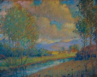 2134 Max Wieczorek (1863-1955) Stream through a landscape Pastel on board Signed lower right: Max Wieczorek Sight: 9.5" H x 12.5" W Estimate: $600 - $800