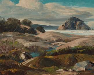 2126 Bennett Bradbury (1914-1991) "Morro Rock" Oil on canvas Signed lower left: Bennett Bradbury; faintly signed again, titled, and numbered "#1233," all verso 22" H x 30" W Estimate: $500 - $700