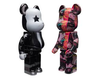 2226 Two rock band BE@RBRICK figures by Medicom Toys Two works: Andy Warhol x The Rolling Stones "Love You Live" 1000%, 2023 Marked: ©/® TM AWK / © Musidor B.V. Printed with album artwork created by Andy Warhol for the Rolling Stones' 1977 live album "Love You Live" 28.5" H x 13.5" W x 8.5" D KISS Star Child 1000%, 2023 Dated and marked: © KISS Catalog, Ltd. Based on Paul Stanley's stage persona, "The Starchild," from the rock band KISS 28.5" H x 13.5" W x 8.5" D 2 pieces Estimate: $300 - $500
