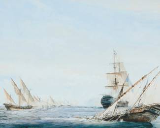 2160 Christopher Mayger (1919-1994) "Ships in Battle (Navarra)" Watercolor and gouache on paper Signed lower left: Chris Mayger; titled by repute Sight: 15.25" H x 21.5" W Estimate: $600 - $800