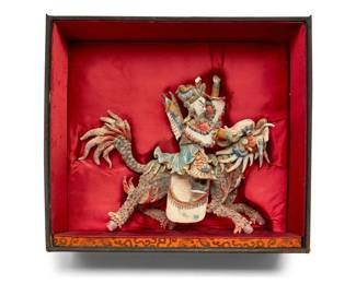 2048 A Chinese polychrome terracotta roof tile warrior Qing Dynasty (1644-1912) or later Set in a custom padded wood shadowbox Figure: 11.75" H x 14.5" W x 4.5" D approximately; Box: 15" H x 16.5" W x 6.5" D Estimate: $100 - $150