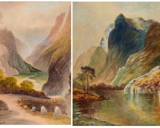 2136 Two early 20th Century California Watercolors Two works: Sydney Ernest Hart (1867-1921) Road through a canyon landscape Signed lower left: Sydney S. Hart Watercolor on paper Sight: 9.5" H x 6.5" W Samuel Howell Evans (1892-1949) Lake in a mountain landscape Watercolor on paper Signed lower left: S. Howell Evans Sight: 9.75" H x 7.75" W 2 pieces Estimate: $300 - $500
