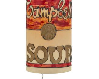 2232 A Warhol-style Campbell's soup can pendant lamp Mid-20th century Unmarked The single-light lamp with puff paint on acrylic shade, electrified Can: 15" H x 8.75" Dia.; Chain: 28" L approx. Estimate: $200 - $300