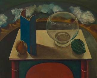 2167 James Urmston (1932-2025) "Still Life with Pear," 1963 Oil on canvas Signed and dated lower left: Urmston 63; titled in ink on a gallery label affixed to the frame's verso 22" H x 26" W Estimate: $300 - $500