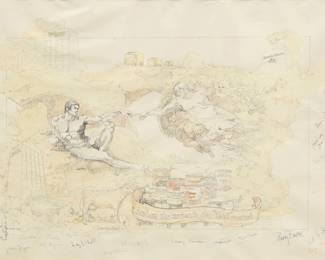 2203 20th Century Illustration School Homage to the Carnation brand Ink and watercolor with traces of graphite on paper With various signatures in ink in the margins Sight: 24.25" H x 36.25" W Estimate: $100 - $200