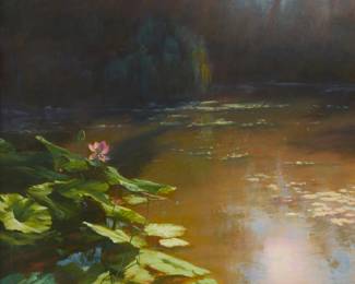 2135 Richard Schloss (b. 1953) "Afternoon Light in Lotusland," 2016 Oil on canvas Signed lower right: R. Schloss; signed again, dated "© 2016," and numbered "1926," all in pencil, verso; titled, dated, and numbered again on a typed artist's studio label affixed to the stretcher 32" H x 36" W Estimate: $600 - $800