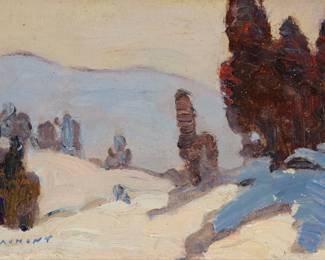 2128 Arthur Beaumont (1890-1978) Snowy landscape Oil on canvas laid to board Singed lower left: A. Beaumont 7" H x 9.25" W Estimate: $500 - $700