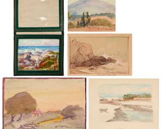 2155 Albert Thomas De Rome (1885-1959) Five works: "Guadalupe Mt., Los Gatos" Watercolor on paperboard Signed lower right: A. De Rome; titled verso 3" H x 3.75" W "Near Asilomar," 1956 Watercolor on paper in a leather presentation folio Signed lower right: A. De Rome; signed, titled, dated and inscribed "Happy Birthday / To Mama / From Albert," verso Image: 3" H x 4" W; Sheet: 3.25" H x 4.25" W "Lover's Point, Pacific Grove" Sanguine ink, watercolor wash, and white gouache on paper Unsigned, titled lower right; annotated by another artist, verso Image: 3.5" H x 6.125" W; Sheet: 3.75" H x 5.625" W Coastal landscape Pencil and colored pencil on paper Unsigned Image approximately: 2.5" H x 3.75" W; Sheet: 3.5" H x 4.875" W Together with a pencil and watercolor sketch of a house in a landscape by a relative of the artist, likely the artist's son Albert Walton De Rome (1914-1998), dated January 1925 5 pieces Estimate: $800 - $1,200
